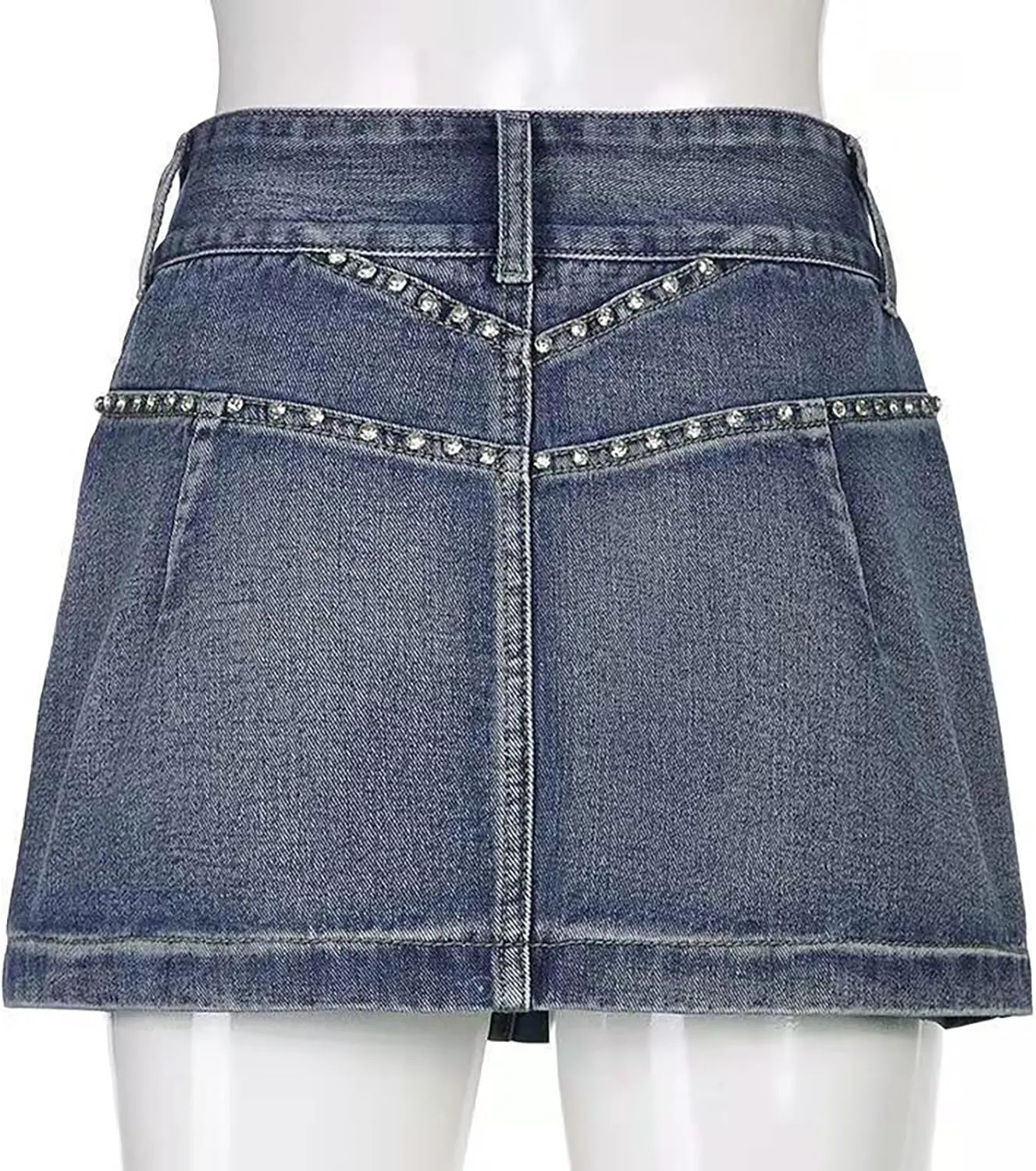 Women's Vintage Mini Denim Skirts Y2k High Waisted Rhinestones Silm Fit Jean Skirt with Flap Pocket