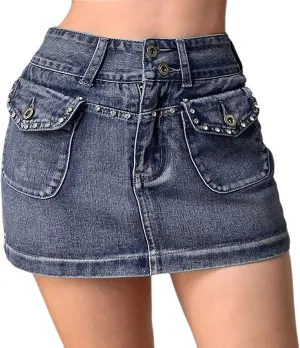 Women's Vintage Mini Denim Skirts Y2k High Waisted Rhinestones Silm Fit Jean Skirt with Flap Pocket