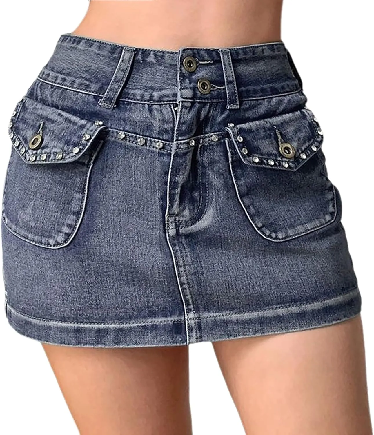 Women's Vintage Mini Denim Skirts Y2k High Waisted Rhinestones Silm Fit Jean Skirt with Flap Pocket