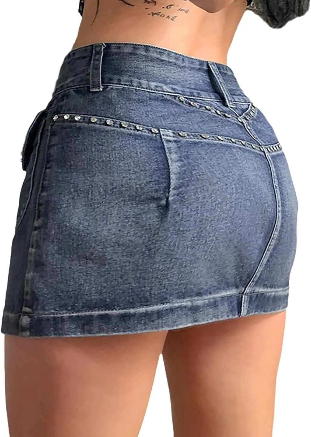 Women's Vintage Mini Denim Skirts Y2k High Waisted Rhinestones Silm Fit Jean Skirt with Flap Pocket