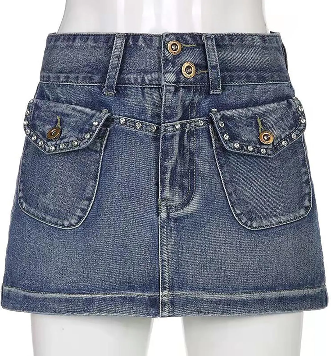 Women's Vintage Mini Denim Skirts Y2k High Waisted Rhinestones Silm Fit Jean Skirt with Flap Pocket