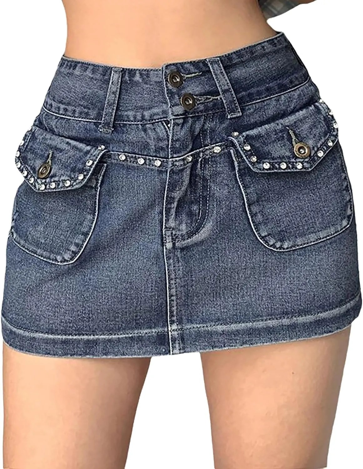 Women's Vintage Mini Denim Skirts Y2k High Waisted Rhinestones Silm Fit Jean Skirt with Flap Pocket