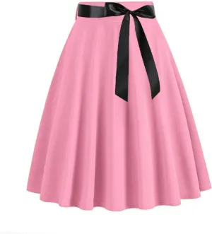 Women's Vintage Pleated High Waist Skirt Front Tie Cocktail Party Flare A-Line Solid Color Hepburn Swing Midi Skirts