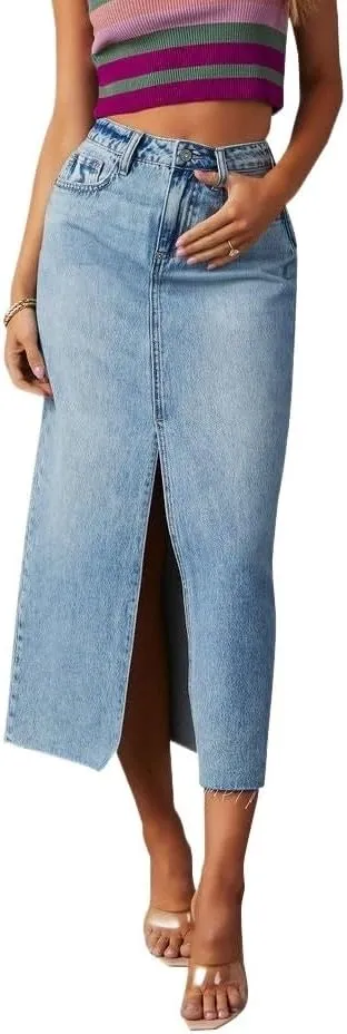 Women's Vintage Split Fork Blue Pencil Jean Skirt High Waist Straight Long Bodycon Casual Denim Skirt
