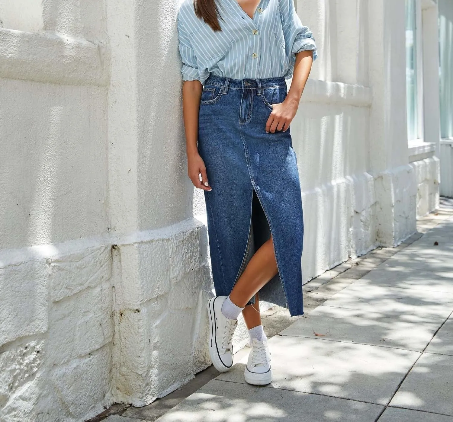 Women's Vintage Split Fork Blue Pencil Jean Skirt High Waist Straight Long Bodycon Casual Denim Skirt