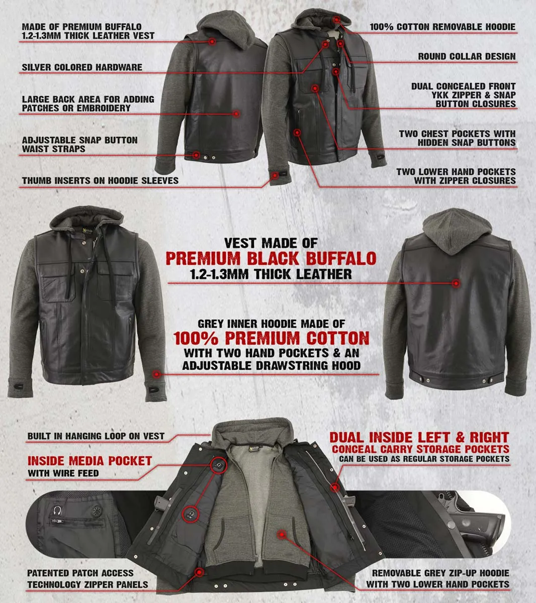 Xelement BXU1006 Men's 'Jax' Black Leather Motorcycle Hoodie Jacket