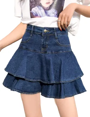 Yeokou Women's Casual Slim A-line Pleated Ruffle Short Mini Denim Skirts