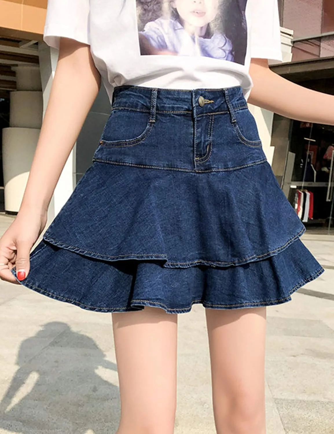 Yeokou Women's Casual Slim A-line Pleated Ruffle Short Mini Denim Skirts