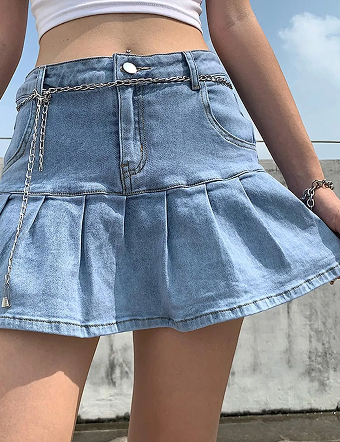 Yeokou Women's Casual Slim A-line Pleated Ruffle Short Mini Denim Skirts