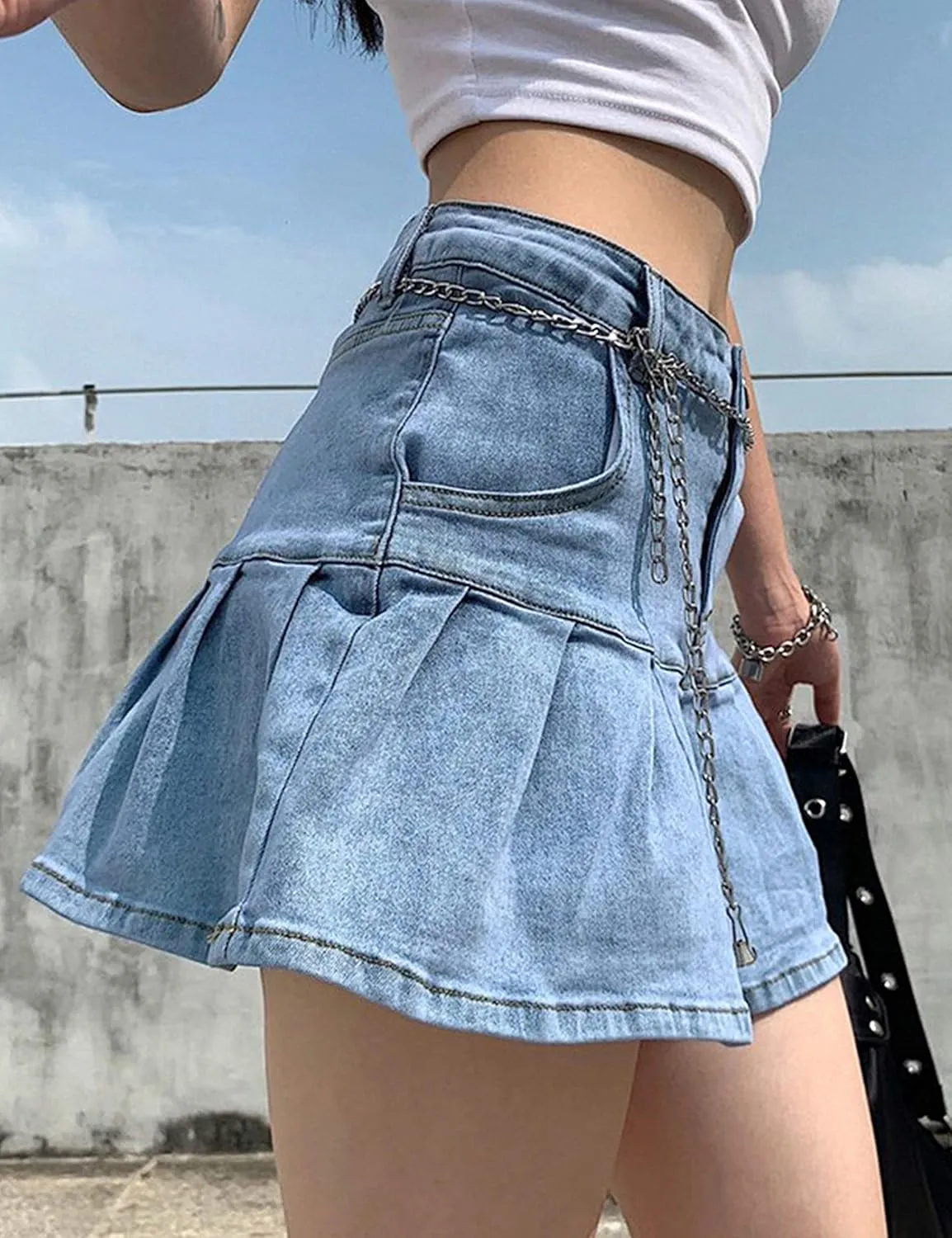 Yeokou Women's Casual Slim A-line Pleated Ruffle Short Mini Denim Skirts