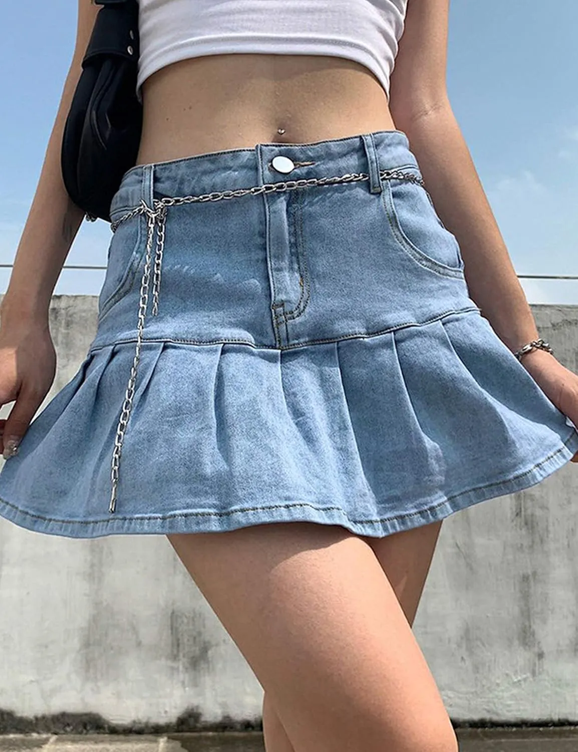 Yeokou Women's Casual Slim A-line Pleated Ruffle Short Mini Denim Skirts